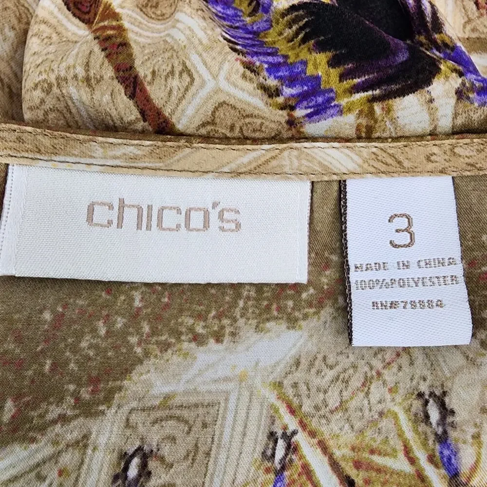 Chicos Peacock Floral Print Beaded Smocked Waist Blouse Size 3 US XL Artsy Boho